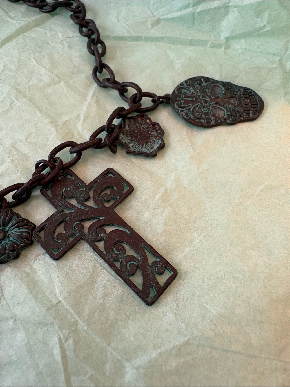 Patina Skull & Cross Charm Necklace - Decorative Teal Accent - Picture 4 of 5
